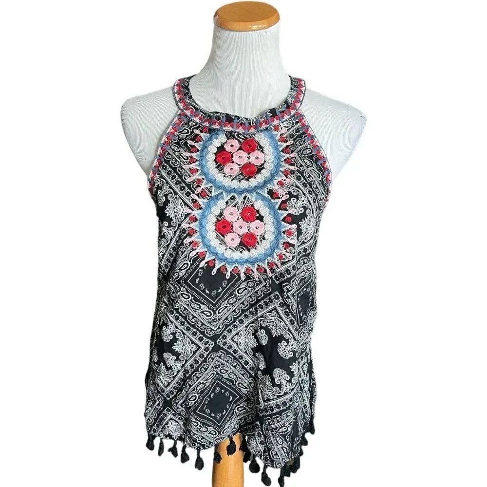 Womens Savannah Jane Boho Embroidered High Neck Tank Top - Sz S